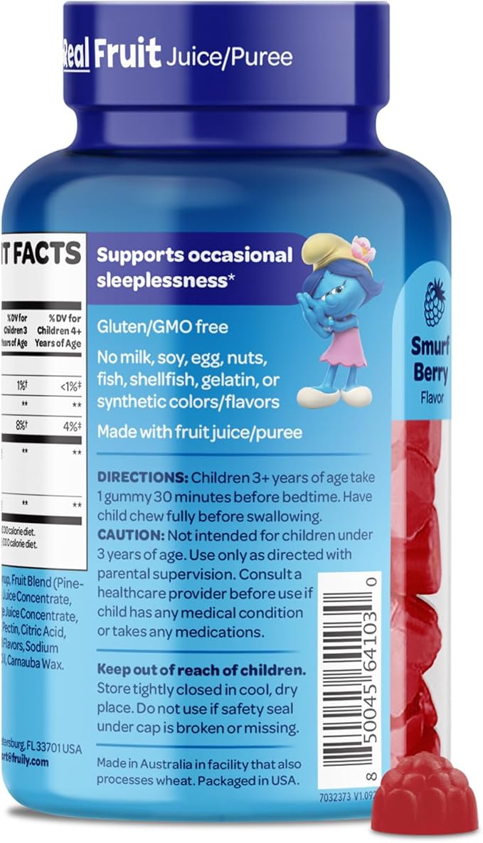 The Smurfs Gummies for Kids with Chamomile & Lemon Balm for a Restful Sleep Age 3+ | Non-Habit Forming | Made with Real Fruit in a Smurf Berry | Doctor Developed | 100 Gummies (100 Count, Melato)
