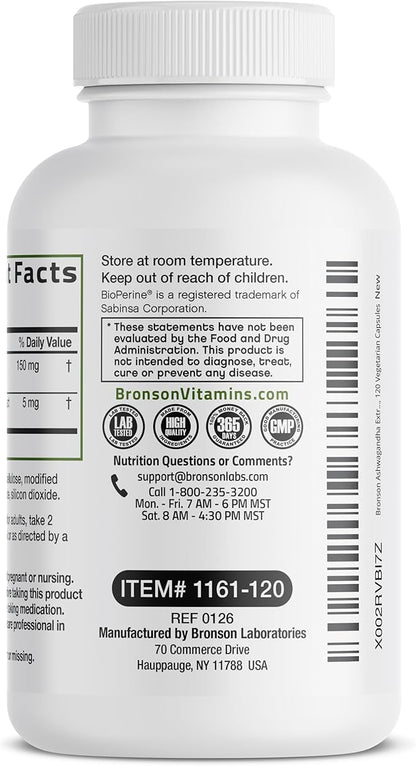 Bronson Ashwagandha Extra Strength Stress & Mood Support with BioPerine - Non GMO Formula, 120 Vegetarian Capsules