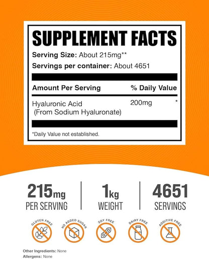 BulkSupplements.com Hyaluronic Acid Powder - as Sodium Hyaluronate, Hyaluronic Acid Supplements - Food Grade, Gluten Free - 215mg per Serving, 1kg (2.2 lbs) (Pack of 1)