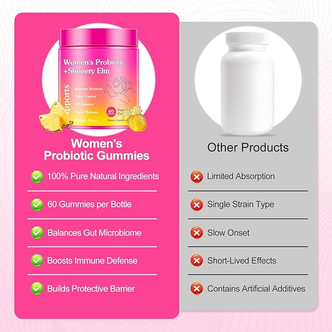 Her Juicy Feminine Probiotics Gummies, Women's Probiotic with Slippery Elm, Pineapple Gummies Support Women PH Balance and Vaginal Wellness, Gut Health & Immune System, 60 Gummies