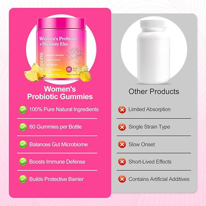 Her Juicy Feminine Probiotics Gummies, Women's Probiotic with Slippery Elm, Pineapple Gummies Support Women PH Balance and Vaginal Wellness, Gut Health & Immune System, 60 Gummies