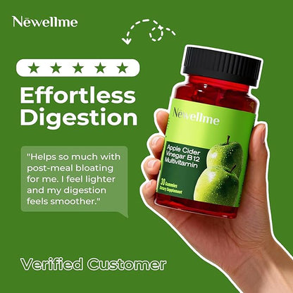 NEWELLME Sugar-Free Apple Cider Vinegar Gummies for Metabolism - 1000mg ACV with The Mother & Vitamin B12 for Energy Support - Vegan, Gluten-Free, 30 Counts