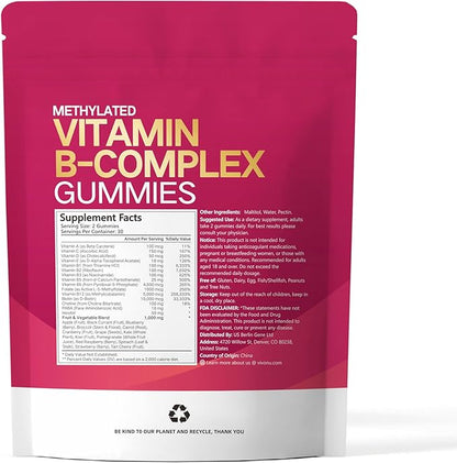 VivoNu Vitamin B Complex Gummies, 6000 mcg Methylated Vitamin B12, with B6 B1, B2, B3, B5, B7, Methylfolate, Vitamins A C D E, Vegan, Non GMO, Methylated B Complex Vitamin (4 Bag)