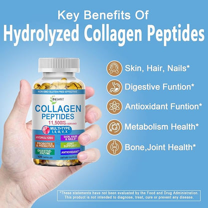 Collagen Peptides Softgels, Multi Collagen Peptide w/ Glucosamine Chondroitin MSM Biotin, Hydrolyzed Collagen Peptides Complex for Women Supports Skin Hair Nail Joints Bones Gut Health, Non-GMO