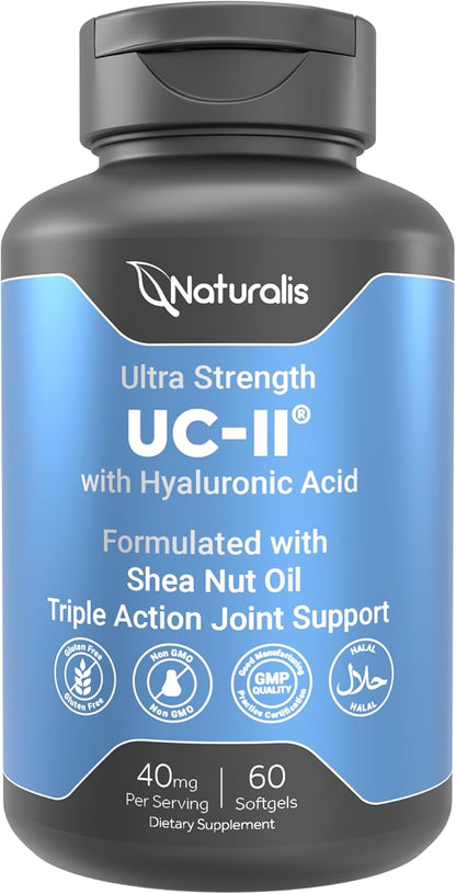 Naturalis UC-II 40 mg with Hyaluronic Acid and Shea Nut Oil | Enhanced Undenatured Type II Collagen for Better Joint Health, Mobility & Flexibility | Gluten-Free & Non-GMO | 60 Softgels