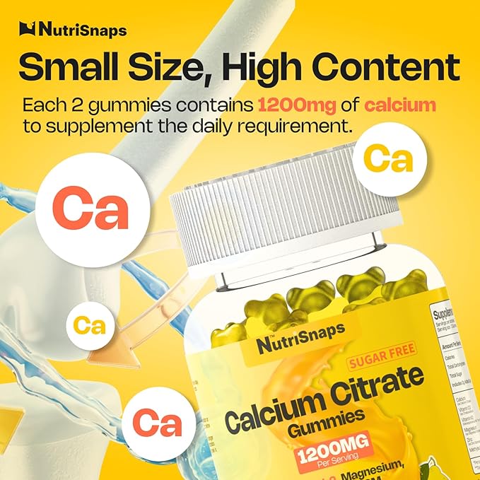 Sugar Free Calcium Citrate Gummies 1200mg with Vitamin D3 K2, Magnesium, Zinc, MSM for Men & Women, Bone, Muscle, Immune Support, Ultimate Absorption Calcium Supplement, Vegan, 60 Count