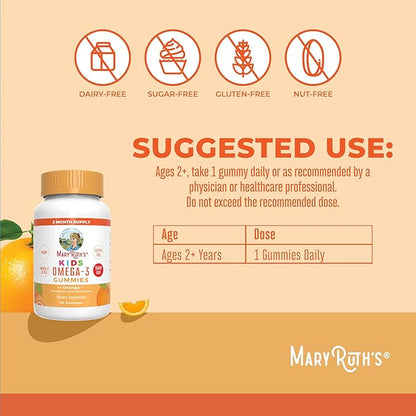 MARYRUTH'S Vegan Omega 3 Gummies for Kids 2+, 2 Month Supply, Sugar Free, Omega 3 Supplement with Vitamin C, Flaxseed Oil, Immune Support, Essential Nutrient ALA, No Fish Taste, 60 Count