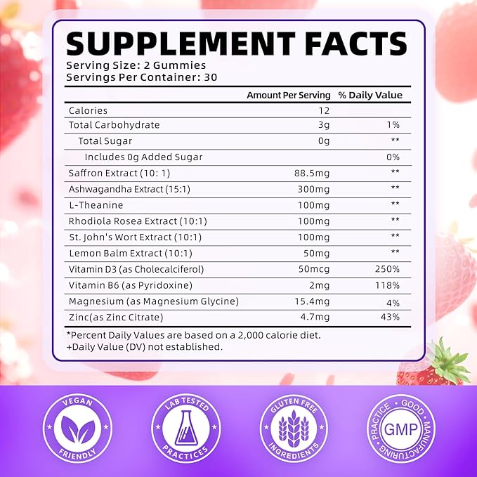 softbear Saffron Gummies for Kids & Adults, 10-in-1 Organic Saffron Supplements with 88.5mg Saffron Extract Support Calm Mind & Focus & Zzz, Sugar Free/Non-GMO, Strawberry Flavor 60 Count