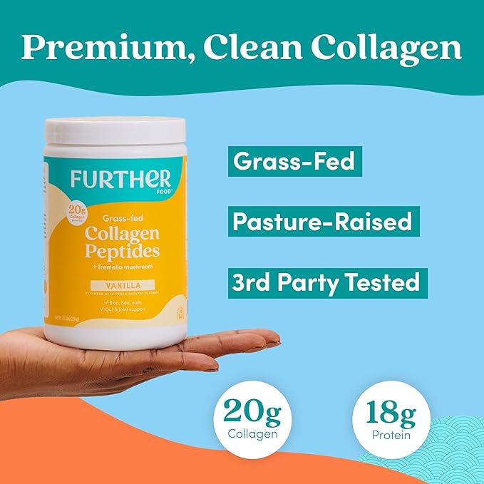 Further Food Vanilla Collagen Peptides Powder with Tremella Mushroom – 100% Grass-Fed, Hydrolyzed Type 1 & 3, 20g of Collagen per Serving, Supports Skin, Hair, Nails & Joints, 10.37 Oz