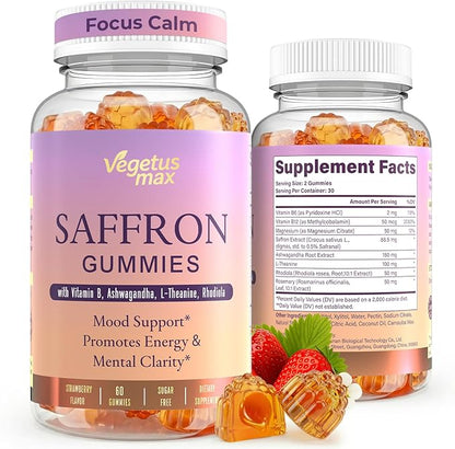 Saffron Supplements Gummies, 88.5mg Pure Saffron Extract with Ashwagandha L-Theanine Rhodiola Rosemary Magnesium Vitamin B6 B12 for Mood Focus Support Adults Kids - 60 Count