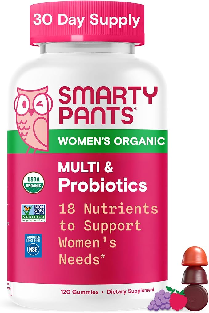 SmartyPants Organic Women's Multivitamin Gummies: Biotin, Probiotics, Methylfolate, Omega 3 (ALA), Vitamin D3, C, Vitamin B12, B6, A, K & Zinc, Inositol, Gluten Free, 120 Count (30 Day Supply)