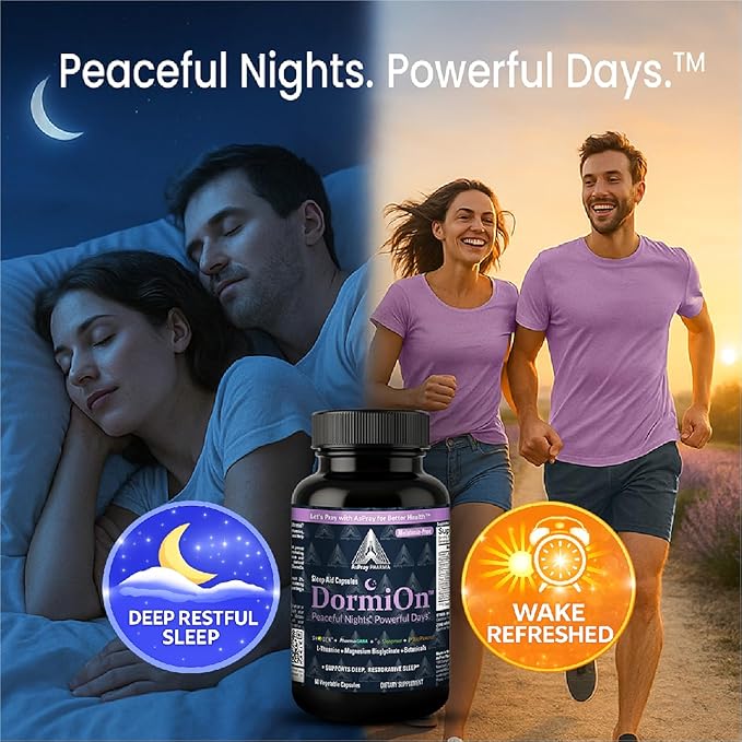 DormiOn™ Sleep + Restore + Stress Supplement | Herbal Sleep Aid for Women & Men | No Melatonin, Non-Habit Forming | Ashwagandha, GABA, Valerian & Magnesium | Vegan, 60 Capsules
