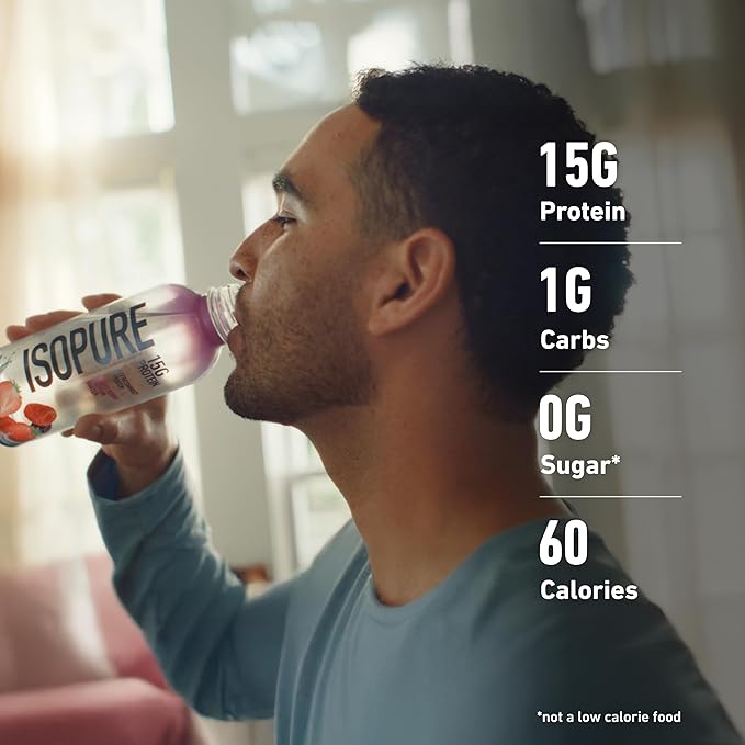 Isopure Clear Protein Water with Electrolytes, 15g Whey Protein Isolate, Zero Sugar, Mixed Berry, 20 fl oz Bottles, 12-Pack