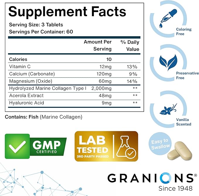 Granions Marine Collagen Pills – 2000mg Hydrolyzed Marine Collagen Peptides, Hyaluronic Acid, Vitamin C, Calcium, Magnesium – Skin, Hair, Nails, Pro Aging Hyaluronic Acid Supplements – 180 Tablets