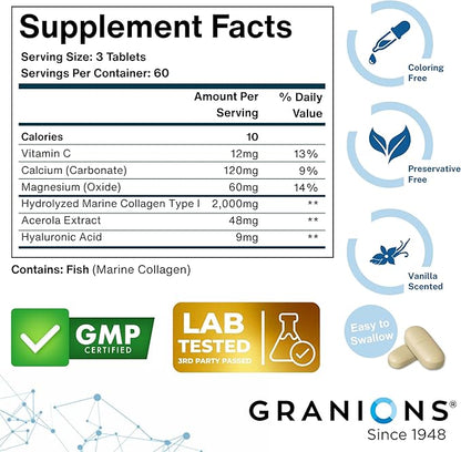 Granions Marine Collagen Pills – 2000mg Hydrolyzed Marine Collagen Peptides, Hyaluronic Acid, Vitamin C, Calcium, Magnesium – Skin, Hair, Nails, Pro Aging Hyaluronic Acid Supplements – 180 Tablets