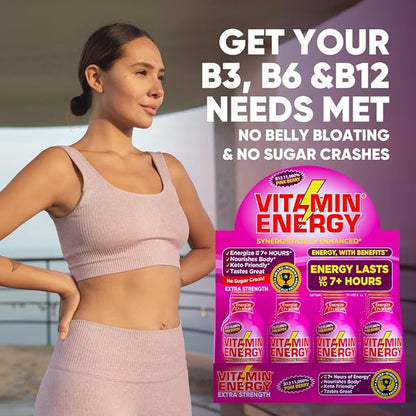 Vitamin Energy B12 11,000% Extra Strength Energy Shot Pink Berry 48 Pack, 260mg Natural Caffeine, B12 & B6, Nootropic Focus, Vitality, Zero Sugar, Gluten-Free, Vegan, Kosher, 1.93 fl oz