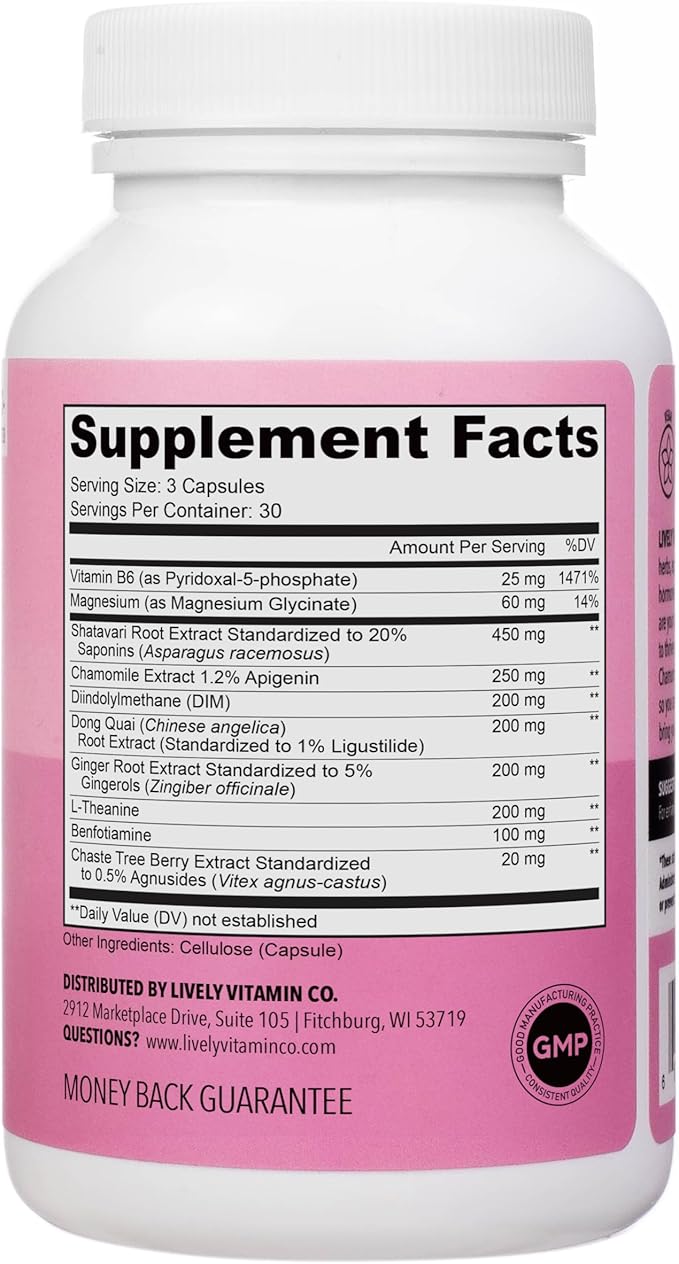 LIVELY VITAMIN CO. Get Even - Women's Hormonal Balance Blend - Helps Reduce Severity of Periods, PMS & Menopause - Eases Cramps & Bloating - Mood Regulation - Period Pain & Discomfort - 90 Count