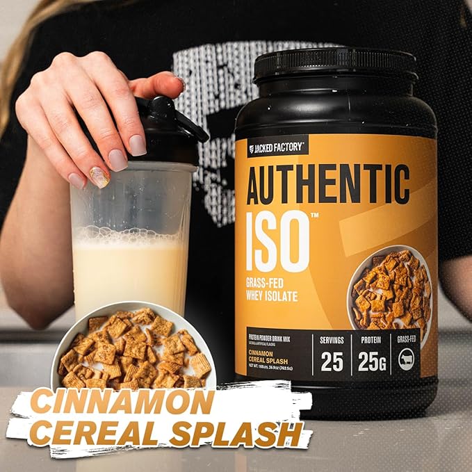 Jacked Factory Authentic ISO Grass Fed Whey Protein Isolate Powder - Low Carb, Non-GMO Muscle Building Protein w/No Fillers, Post Workout Recovery, Cinnamon Cereal Splash - 25 Servings