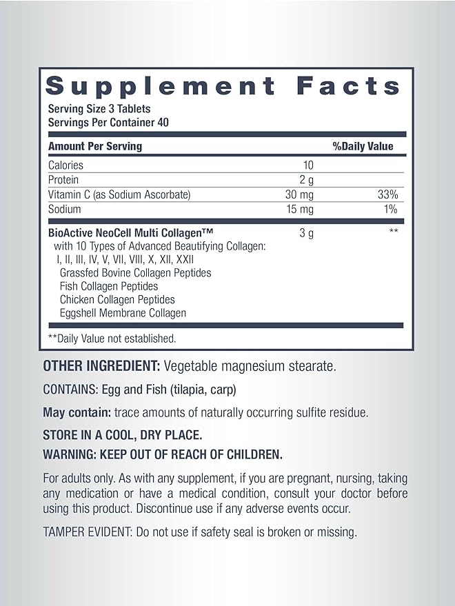 NeoCell Super Multi Collagen Peptides | 120 Tablets | 10 Types of Collagen | Skin, Hair and Nails | Beauty Supplement | For Men and Women