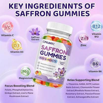 Saffron Gummies for Kids & Adults, 20-in-1 Saffron Supplements with 88.5mg Saffron Extract, B6, B12, C, D3, Magnesium for Calm, Focus, Nerve, Sugar Free, Vegan, Non-GMO, Mixed Fruit Flavor, 120 Counts