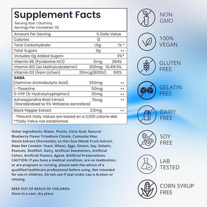 riev GABA Gummies – Honey Vanilla Flavor – with Vitamin B6, Magnesium, Chamomile, Lemon Balm & L-Theanine – Vegan, Sugar-Free, Non-GMO – Nighttime Relaxation Support – 30 Gummies