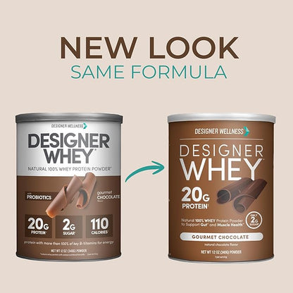 Designer Wellness, Designer Whey, Natural Whey Protein Powder with Probiotics, Fiber, and Key B-Vitamins for Energy, Gluten-Free, Gourmet Chocolate, 12oz