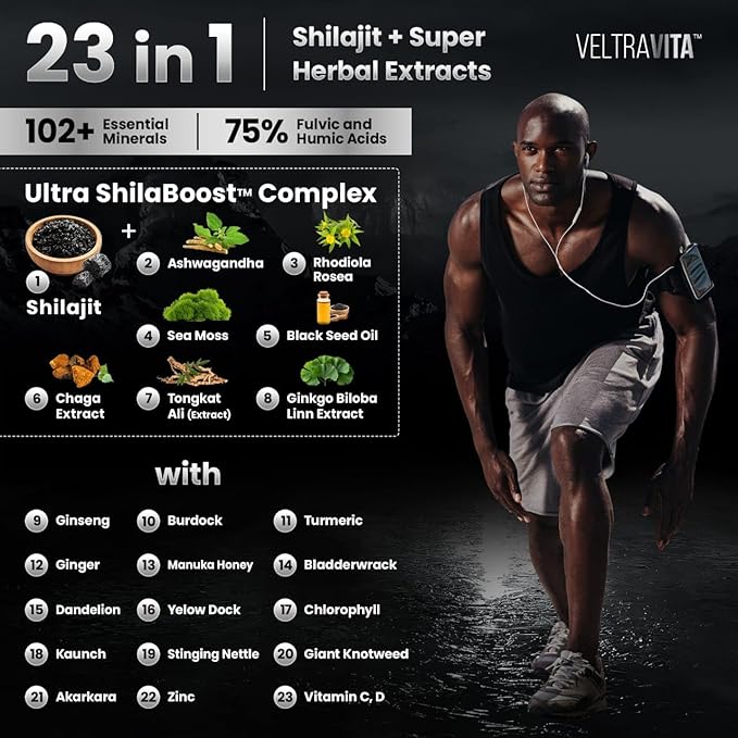 Himalayan Shilajit Gummies, 23-in-1 with Sea Moss, Ashwagandha, Tongkat Ali, Black Seed Oil & Rhodiola Rosea, Lab Tested, 60 Gummies