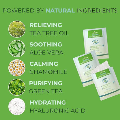 NOVEHA 360PCs Tea Tree Oil Eyelid & Lash Wipes With Hyaluronic Acid, Green Tea & Chamomile For Blepharitis & Itchy Eyes, Individually Wrapped Eyelash Wipes Natural Makeup Remover & Daily Cleanser
