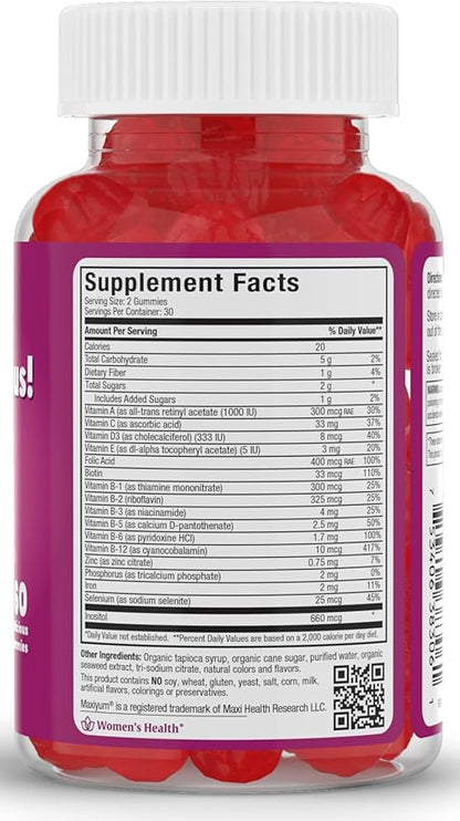 Maxi Health Women's Organic Prenatal Gummies - Kosher Cherry Flavored Pre Natal Gummy - Prenatal Vitamins for Women with Folic Acid and Iron for Fetal Development, 60 Count