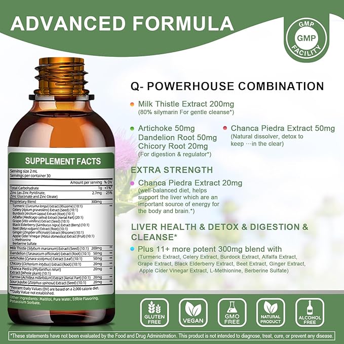Liver Health & Lymphatic Drainage Drops -Support Liver Cleanse Detox & Repair with Artichoke Milk Thistle Silymarin Extract, Dandelion,Turmeric, Berberine to Renew w/21 Potent Herb-Nutrients-60ml