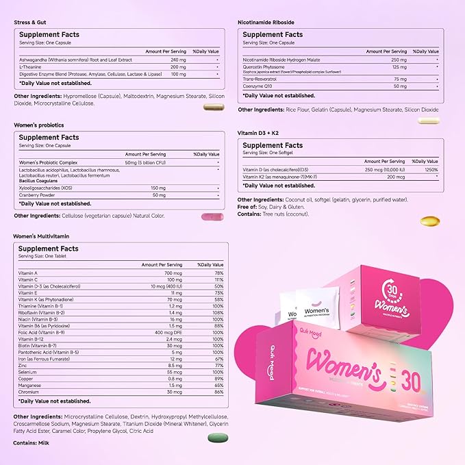 Multivitamin for Women Daily Vitamin Packs for 30 plus with D3+K2, NR1000, Probiotics & Ashwagandha | Supplement for Beauty, Stress Relief, Bone & Heart Health, Energy, Gut & Hormone Balance | 30 Day