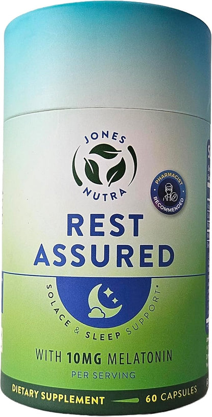 Rest Assured, Nighttime Sleep Support Supplement with Melatonin, Magnesium, Chamomile, Passion Flower, St John's Wort, Ashwaganda, L-Theanine, L-Taurine, Eco-Friendly Packaging, 30 day supply