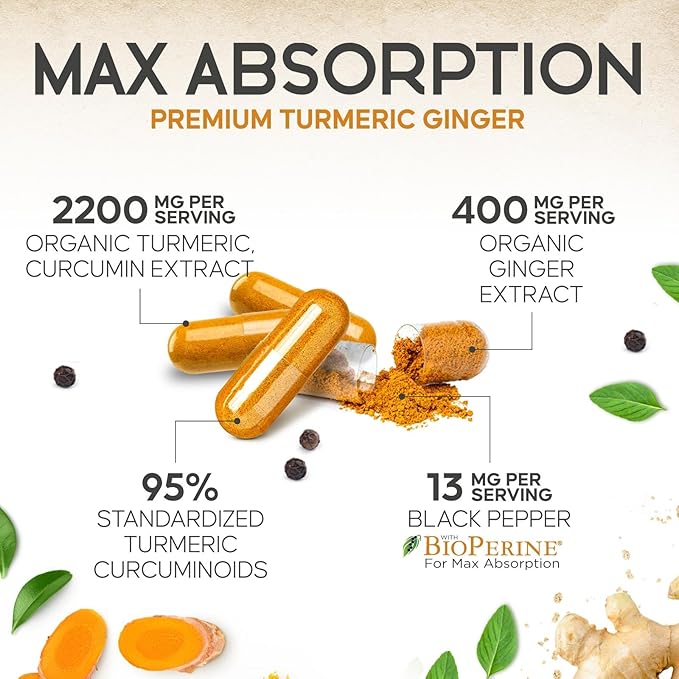 Turmeric Curcumin Supplement - 2200mg Curcumin Complex & 400mg Organic Ginger per Serving - 95% Curcuminoids & BioPerine Black Pepper for Best Absorption & Joint Support, Bottled in USA - 120 Capsules
