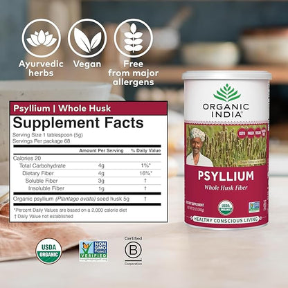 ORGANIC INDIA Psyllium Herbal Powder - Whole Husk Fiber, Vegan, Gluten-Free, USDA Certified Organic, Non-GMO, Soluble & Insoluble Fiber Source - 12 Oz Canister (Pack of 1)