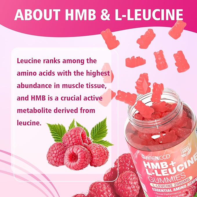 MEENCCD 2 Pack HMB and L-Leucine Gummies, HMB and Leucine Amino Acid for Muscle Growth, Muscle Maintenance, and Muscle Function, for Men & Women, Sugar-Free, Raspberry Flavor, 120 Count