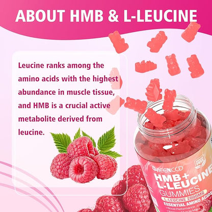MEENCCD 2 Pack HMB and L-Leucine Gummies, HMB and Leucine Amino Acid for Muscle Growth, Muscle Maintenance, and Muscle Function, for Men & Women, Sugar-Free, Raspberry Flavor, 120 Count
