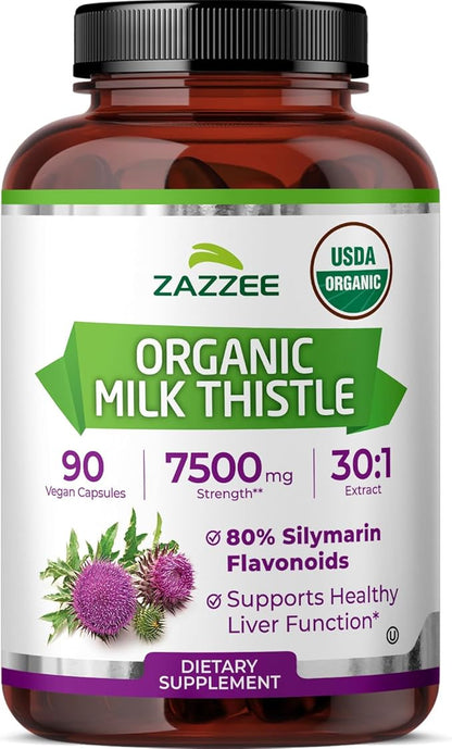 Zazzee USDA Organic Milk Thistle 30:1 Extract, 80% Silymarin, 90 Vegan Capsules, 3 Month Supply, Certified Kosher, High Potency Liver & Antioxidant Support, Silybum Marianum, Non-GMO, Made in the USA
