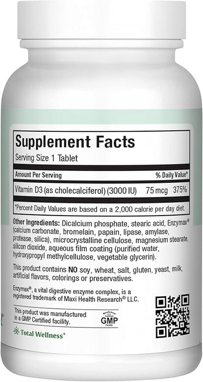 Maxi Health Vitamin D3 3000 IU 75 mcg Vitamin D Supplement for Healthy Bones, Teeth, Immune Support - VIT D3 Supplement Easy to Swallow Non-GMO, Supplement for Men and Women – Kosher (180 Tablets)