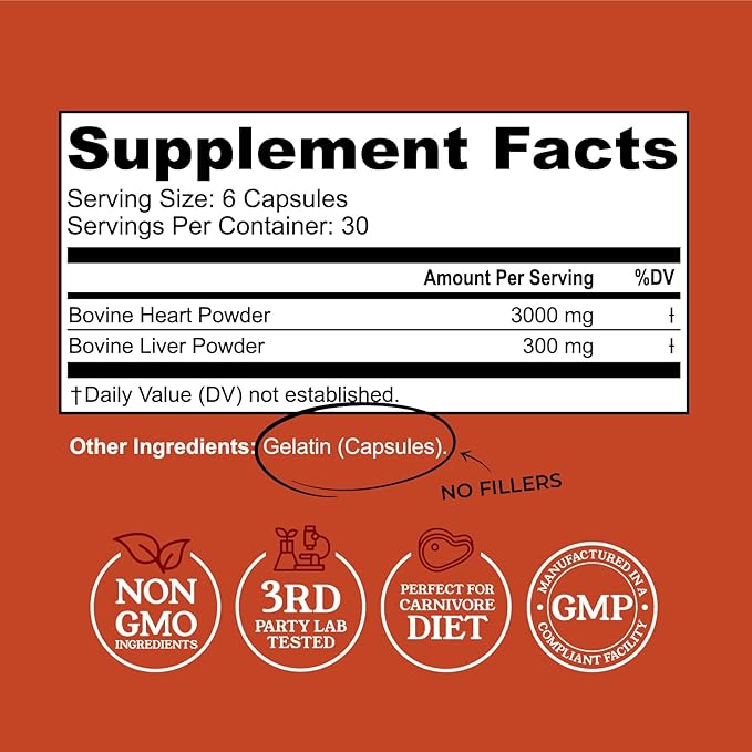 Left Coast Performance Grass Fed Beef Heart and Liver Supplement – Pasture-Raised in New Zealand, No Fillers or Flow Agents – Natural CoQ10 & Iron Support - Beef Organ Supplement – 180 Capsules