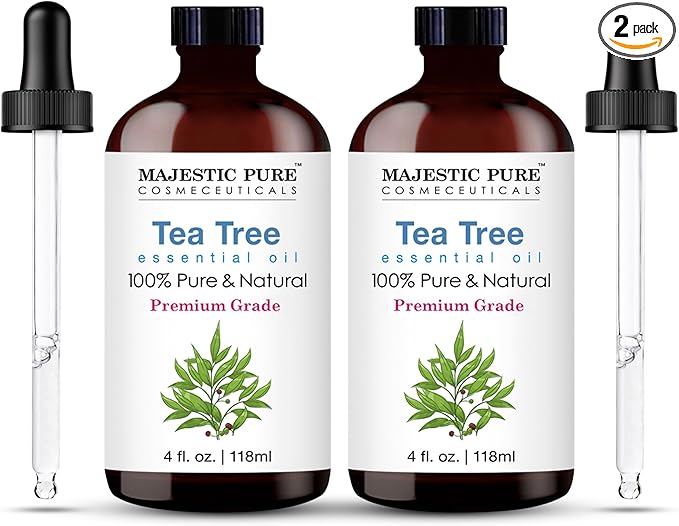 Majestic Pure Tea Tree Essential Oil with Glass Dropper - 4 Fl Oz Pack of 2-100% Pure and Natural Tea Tree Oil - Premium Grade Essential Oils for Diffuser, Aromatherapy, Soap and Candle Making