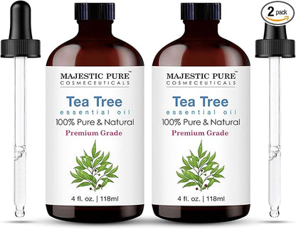 Majestic Pure Tea Tree Essential Oil with Glass Dropper - 4 Fl Oz Pack of 2-100% Pure and Natural Tea Tree Oil - Premium Grade Essential Oils for Diffuser, Aromatherapy, Soap and Candle Making
