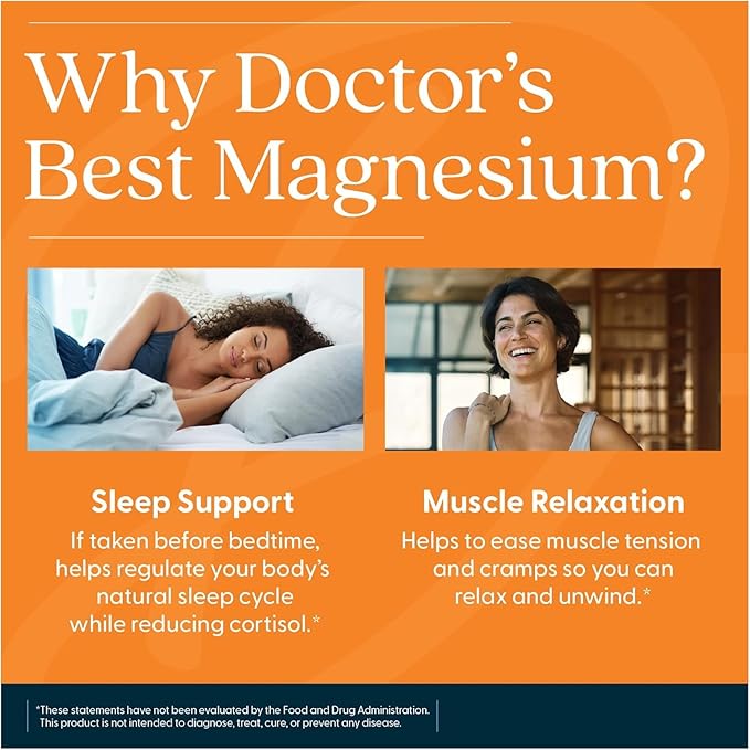 Doctor's Best High Absorption Magnesium Glycinate Lysinate Supplement for Sleep Support - Chelated Magnesium Tablets for Women & Men, 200mg per Serving, Supports Calm & Relaxation, Vegan - 120 Count