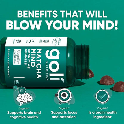 Goli Matcha Mind Gummies - 60 Count - Green Tea Leaves Powder with Cognizin for Focus, Attention and Brain Health, Vegan, Non-GMO, Gluten-Free & Gelatin Free.