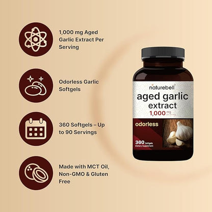 NatureBell Aged Garlic Extract 1,000mg, Over 2 Years Aged, 360 Odorless Softgels – Allium sativum – Made with MCT Oil – Non-GMO, Gluten Free
