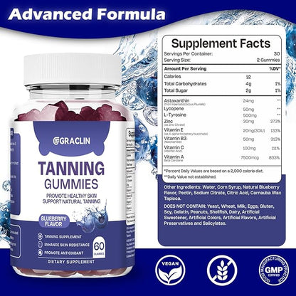 Tanning Gummies - Self Tan Supplement That Work Fast Without Sun - Daily Oral Chews with Beta Carotene Astaxanthin Lycopene & Vitamins for Skin Health Glow Up Sunless Tan - Vegan Sugar Free