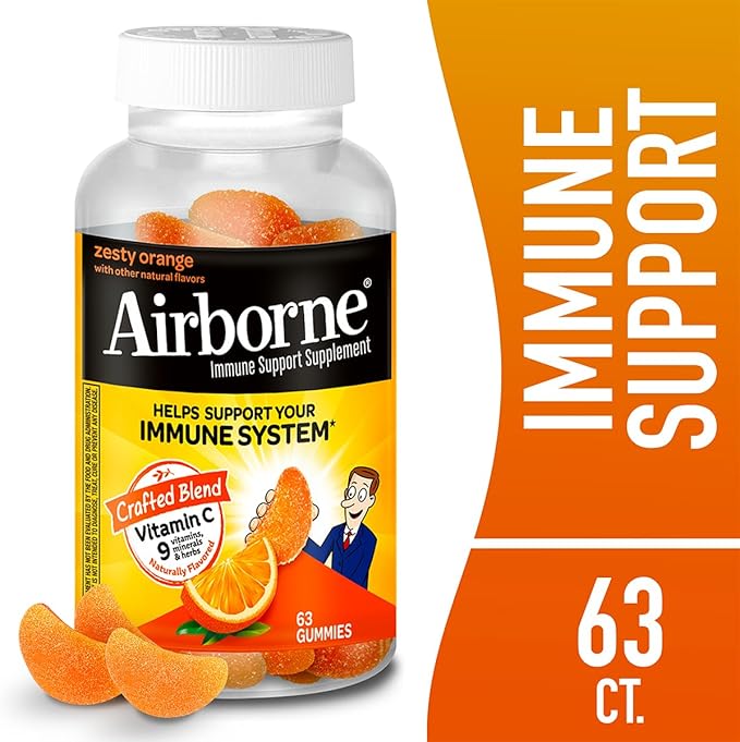 Airborne Immune Support Gummies, Zesty Orange Flavor, 63 ct - 750 mg Vitamin C + Vitamins A, D & E + Zinc, Selenium, and Manganese | with Herbal Blend | Naturally Flavored (4 Pack)