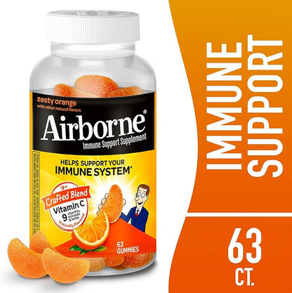 Airborne Immune Support Gummies, Zesty Orange Flavor, 63 ct - 750 mg Vitamin C + Vitamins A, D & E + Zinc, Selenium, and Manganese | with Herbal Blend | Naturally Flavored (4 Pack)