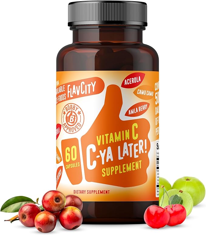 FlavCity Vitamin C Supplement, C-Ya Later! Superfood-Derived Immunity Support - Bioavailable Vitamin C Immune Support from Acerola Cherry, Rose Hips & Camu Camu - 500% Daily Value (60 Capsules)