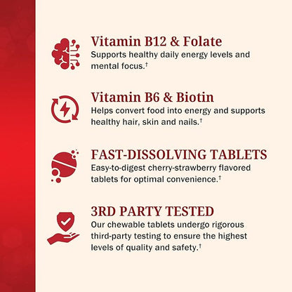 BioSchwartz Bariatric B12 Plus Dissolvable Tablets - 1000mcg Vitamin B12, Vitamin B6, Folate, Biotin - Cherry Strawberry Flavor, 3-Month Supply, Third Party Tested, for Bariatric Patients, 90 Count