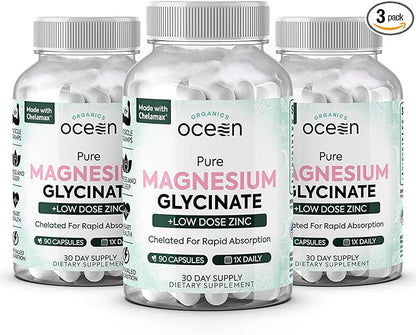 Organics Ocean Pure Magnesium Glycinate with Zinc - Maximum Strength Chelated Magnesium Supplement for Women and Men for Muscle Cramps and Sleep Support - 3 Bottles